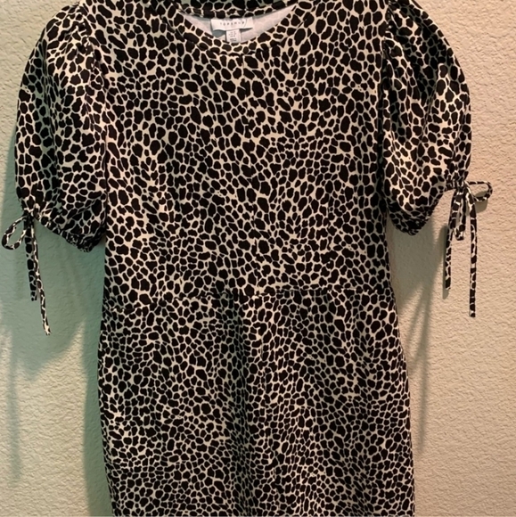 Topshop Animal Leopard Print Dress Women's 2 Black Tan Tie Sleeves Round Neck - Picture 4 of 10